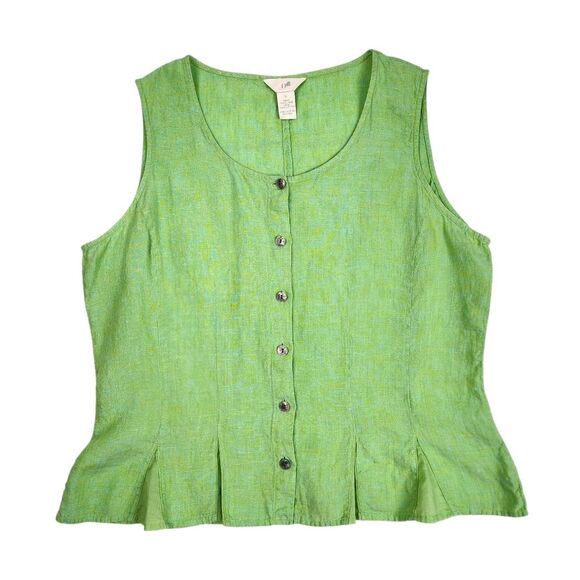 J.Jill Linen Top Blouse Lime Green Sleeveless Button-Up Shirt Pleated Size L - Picture 1 of 12